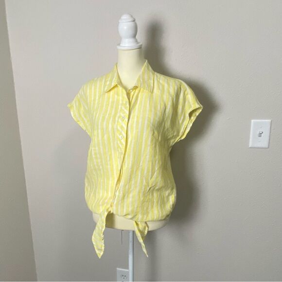 Talbots LINEN TIE HEM BUTTON FRONT TOP - SEASHORE STRIPE Women's Size Small - Picture 13 of 14